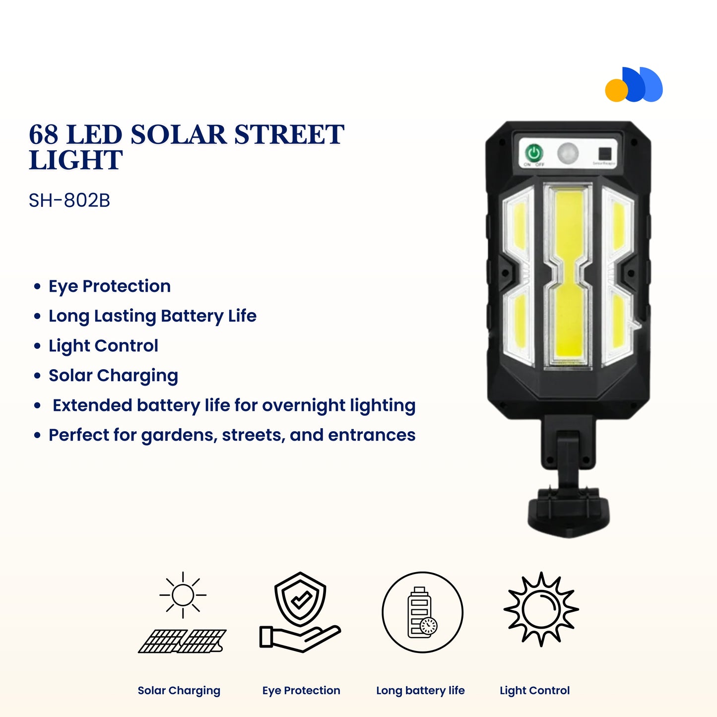 Solar Street Light 802B | 68 LED Super Bright with Remote Control & Dusk-to-Dawn Sensor
