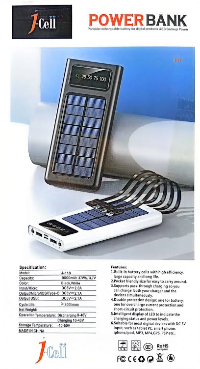 Solar Power Bank - Portable 10,000mAh – Dual USB, Built-in Cables, Flashlight, and LED Display