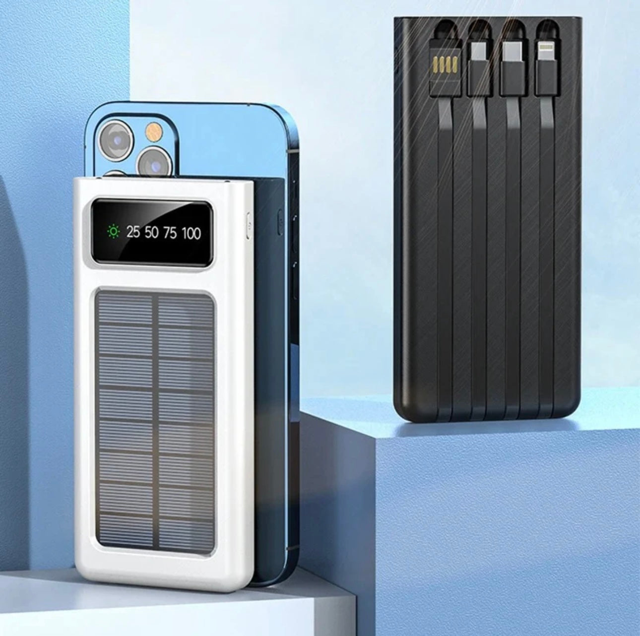 Solar Power Bank - Portable 10,000mAh – Dual USB, Built-in Cables, Flashlight, and LED Display