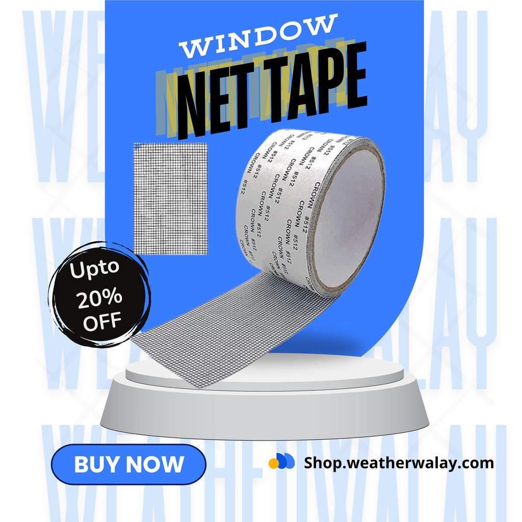 Window net tape roll with promotional text on a blue background