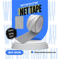 Window net tape roll with promotional text on a blue background