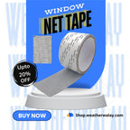 Window net tape roll with promotional text on a blue background