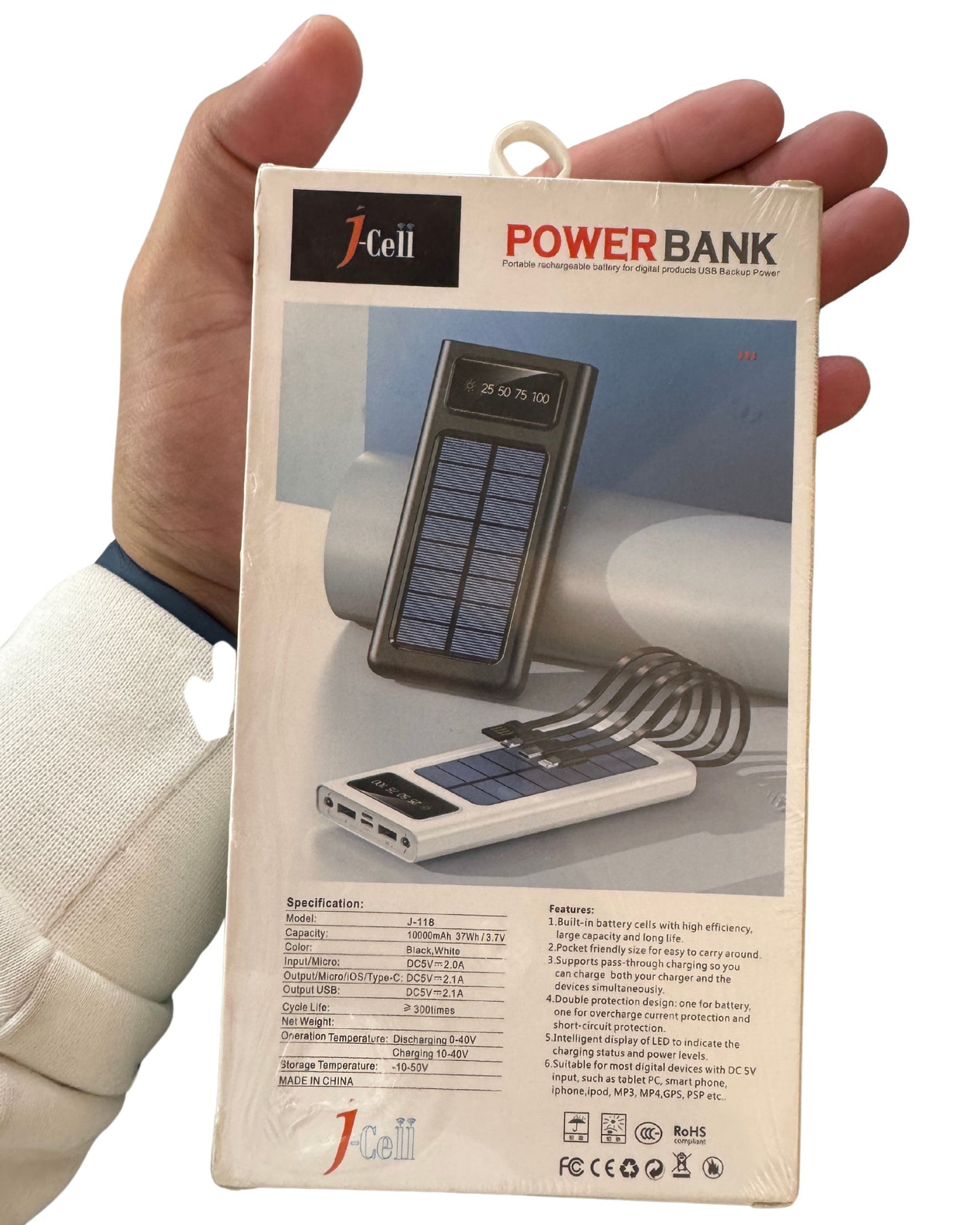 Solar Power Bank - Portable 10,000mAh – Dual USB, Built-in Cables, Flashlight, and LED Display