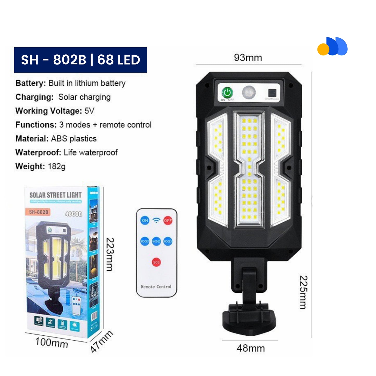 Solar Street Light 802B | 68 LED Super Bright with Remote Control & Dusk-to-Dawn Sensor